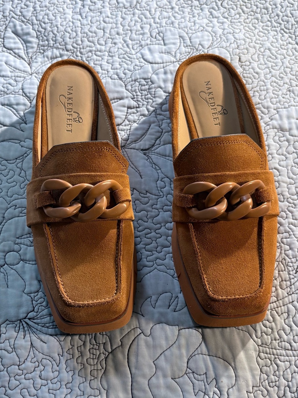 ☀️Naked Feet Elect Camel Suede Chain Platform Loafer Mules Sz 8🧡